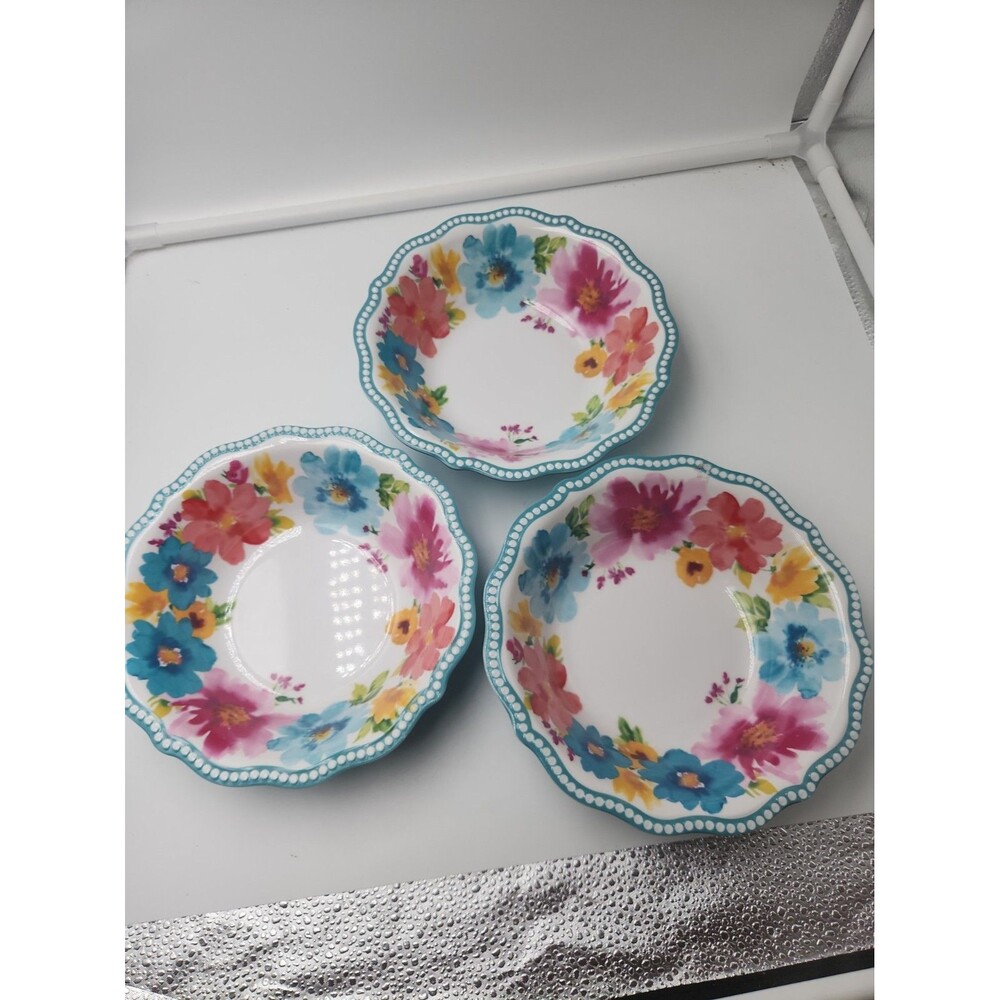 Pioneer Woman Cereal Bowls Melamine Breezy Blossoms Set Of 3 Turquoise Bottom